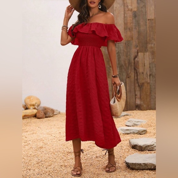 Red Off Shoulder Dress Midi with Side Leg Slit - Picture 1 of 7